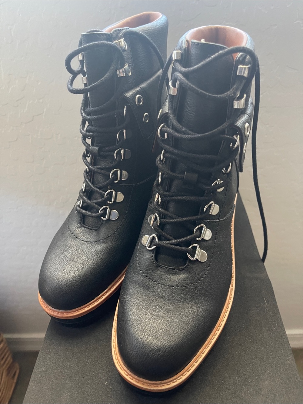 Indigo Black Lace-Up Hiking Ankle Boots with Tan Trim